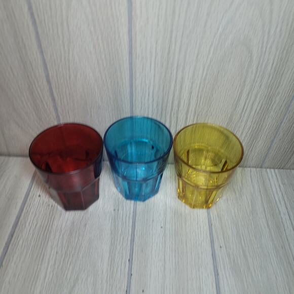Set Of 3 Rainbow Glasses Red Blue Yellow Small Tumblers Water Glass Barware - Picture 2 of 8